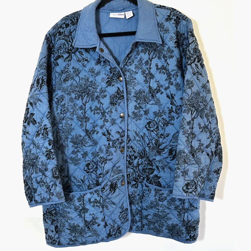 Comfort Corner Women's Vintage Blue Quilted Jacket with Black Floral Design SZ L